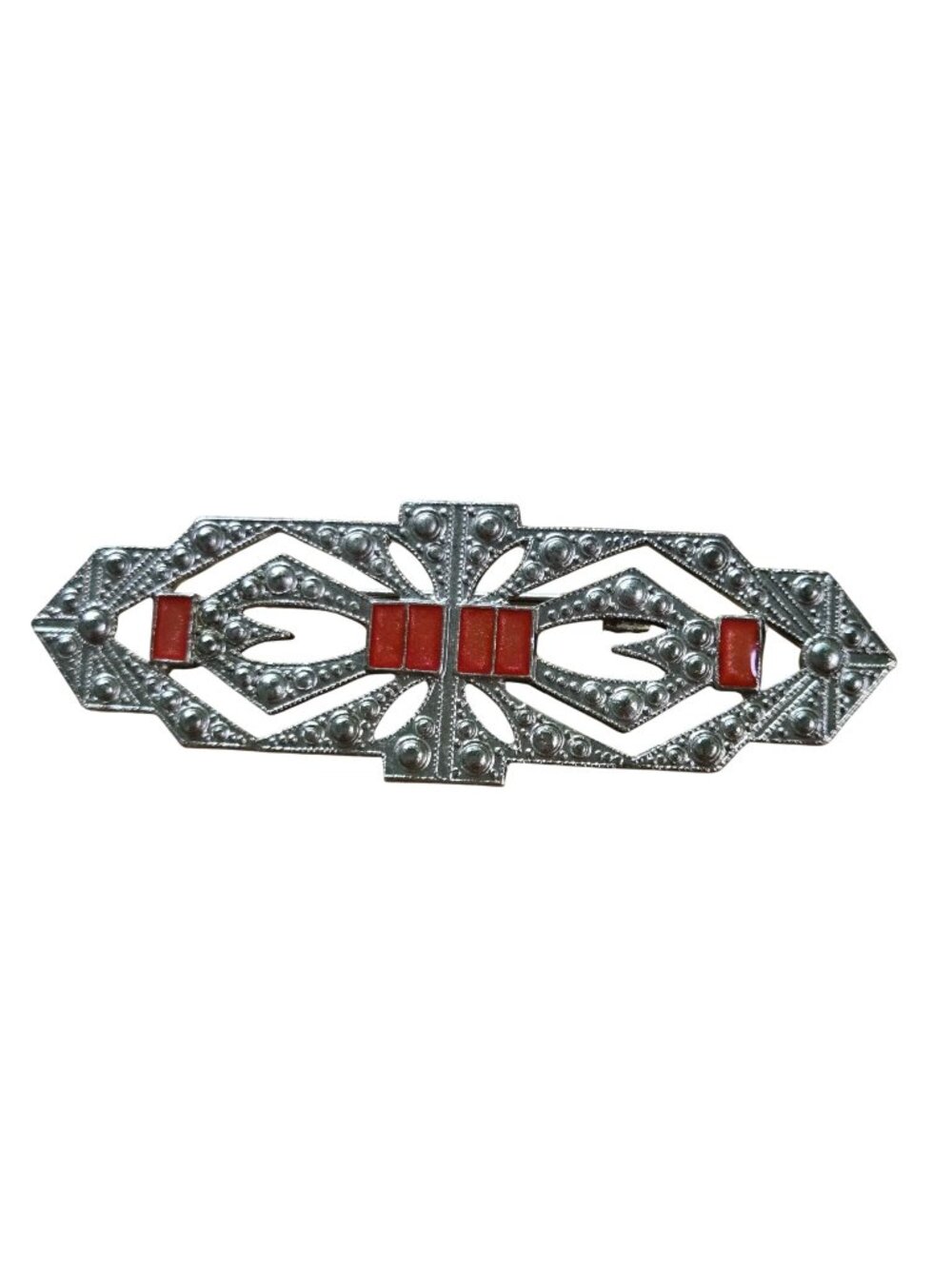 Vintage Art Deco Silvertone Enamel Brooch Collar Pin 2.5"x1"